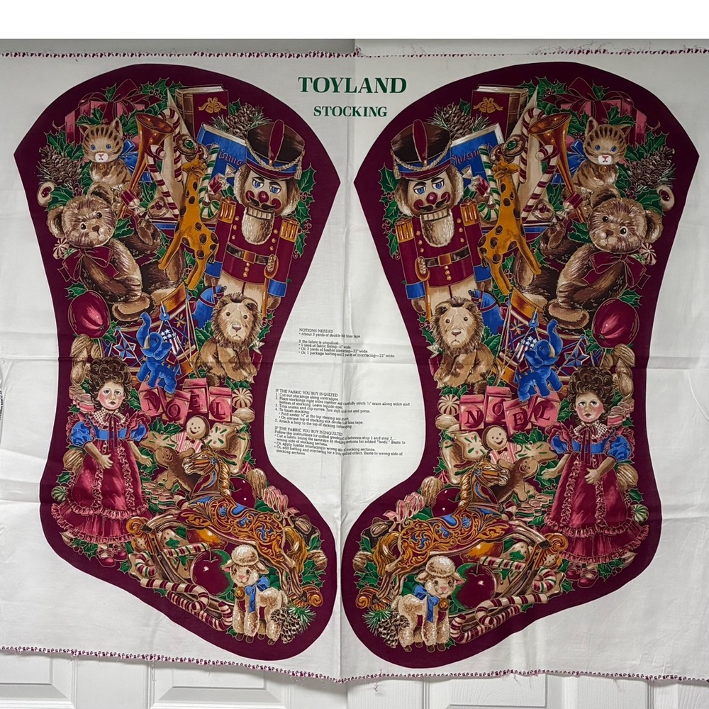 Vintage Sewing Fabric Panel,Appliqué “TOYLAND STOCKING” for Christmas Holiday